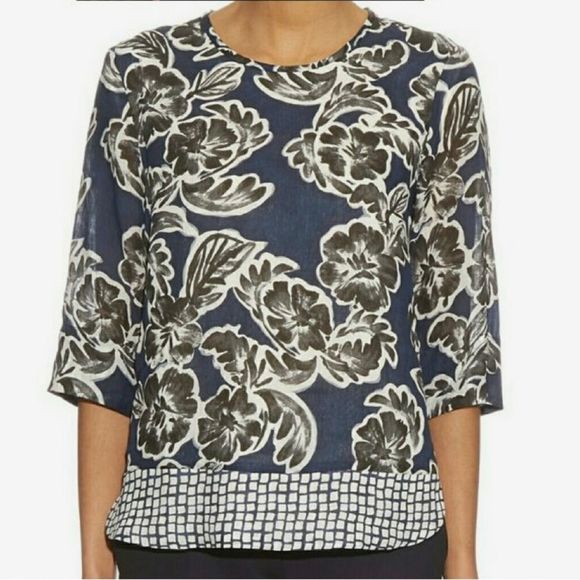 Max Mara Blouse Panteon Blue, Black & White Size 6 Blue Floral Linen Look Tunic - Picture 2 of 9